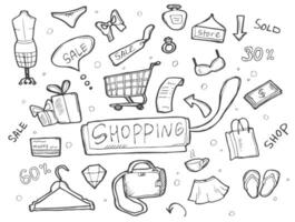 Hand drawn set of shopping doodles in vector. vector