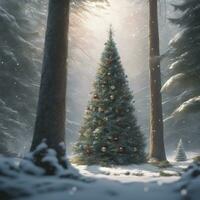 Ai generated content. Enchanted Winter Wonderland Evergreen Forest at Midnight photo