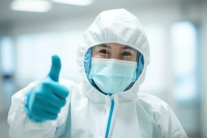 Portrait style photo of a person wearing hazmat suit wearing chemical gloves. Generative AI