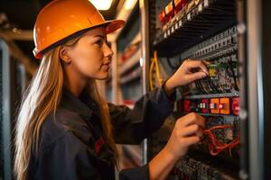 Female electrician at work on a fuse box, adorned in safety gear. Generative AI photo