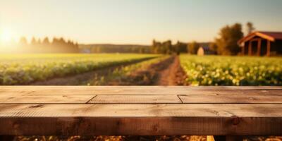Empty wooden table top with farm landscape whit tractor during the autumn. Generative AI photo