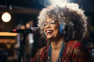 Beautiful woman recording a song in record studio, singing, expressing her talent as a singer with headphones on. Generative AI photo