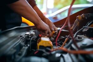 Technician check the electrical system inside the car. Generative AI photo