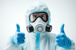 Portrait style photo of a person wearing hazmat suit wearing chemical gloves. Generative AI