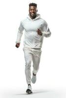 African male jogging Happy and energetic generation in white background. Generative AI photo