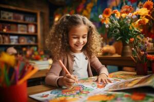 niños colorante actividad en un aula. generativo ai foto