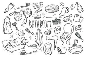 Hand drawn set of Bathroom doodle. Towel, bathrobe, shower, bathtub, mirror in sketch style. Vector illustration isolated on white background.