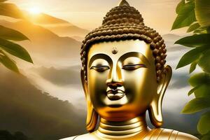 Gold Buddha statue in the forest. AI Generative photo