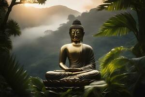 Bronze Buddha statue in the forest. AI Generative photo