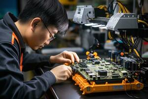 Engineer hand holds soldering iron and tinlead to solder electronic board. Generative AI photo