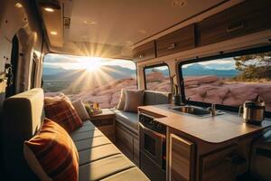 Cozy interior in the trailer of motorhome, Generative AI photo