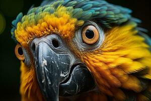 A close-up shot of a Macaw striking face, its focused eyes, documentary photo. Generative AI photo