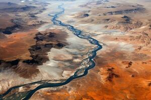 View from orbit of a lush river delta in the middle of a desert. Generative AI photo