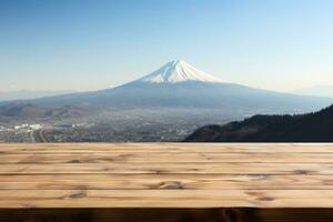 Empty table surface blurred Landmarks around the world in the background. Generative AI photo