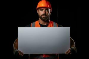 Construction worker holding a separate blank white panel isolated on black background. Generative AI photo