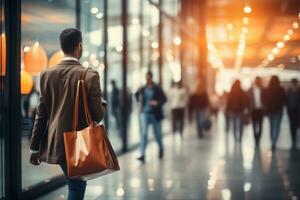Blurred background of a modern shopping mall with some shoppers. Generative AI photo