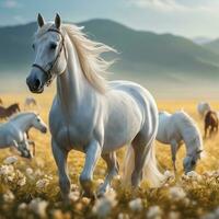 Ai generated content. Wild and Free Horses Grazing in a Picturesque Meadow photo