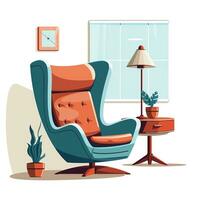 Bright interior illustration, modern armchair in flat style. Generative AI photo