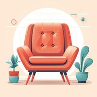 Bright interior illustration, modern armchair in flat style. Generative AI photo