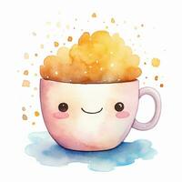 Cute watercolor illustration of a mug in kawaii style. Generative AI photo