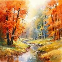 Watercolor autumn landscape, watercolor painting, leaf fall. Generative AI photo