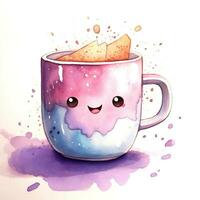 Cute watercolor illustration of a mug in kawaii style. Generative AI photo