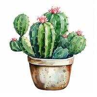 Watercolor illustration of a cactus in a clay pot isolated on white background. Generative AI photo