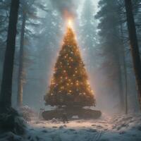 Ai generated content. Enchanted Winter Wonderland Evergreen Forest at Midnight photo