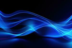 Dark abstract neon background, bright blue waves. Generative AI photo