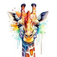 Colorful image of giraffe, watercolor illustration isolated on white background. Generative AI photo