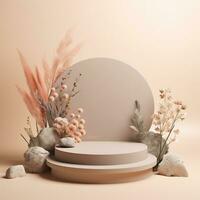 Empty podium made of pastel beige pink stone. Scene, stand with flowers. Generative AI photo