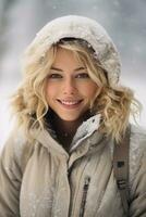 Ai generated portrait of beautiful young woman standing under the snow at winter time photo