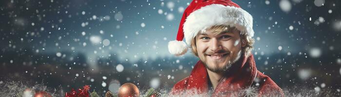 Ai generated portrait of handsome smiling man in santa claus wearing photo