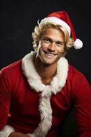 Ai generated portrait of handsome smiling man in santa claus wearing photo