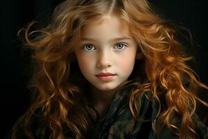 Ai generated studio portrait of cutle little curly ginger girl on different colours background photo