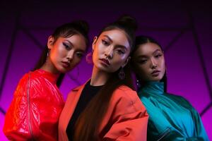 Ai generated Studio portrait of three few beautiful young woman standing together in hug on different colour background photo