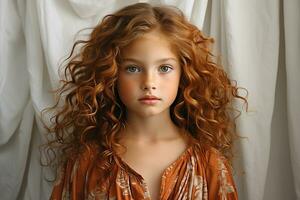 Ai generated studio portrait of cutle little curly ginger girl on different colours background photo