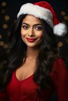Ai generated portrait of beautiful smiling woman in santa claus wearing photo