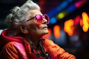 Ai generated studio portrait of trendy old elderly woman on different colour background in glasses and headphones photo