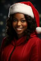 Ai generated portrait of beautiful smiling woman in santa claus wearing photo