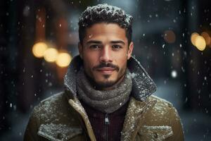 Ai generated portrait of handsome smiling man standing under the snowing photo