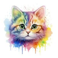 Cute watercolor cat in rainbow colors, isolated illustration on white background. Generative AI photo