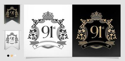 illustration of 91st anniversary symbol with royal crown design emblems, two variation gold and monochrome design isolated black and white backgrounds. applicable for greeting cards, invitation etc. vector