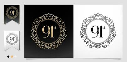 91 con circulo marco ornamento, elipse marco elemento con color oro aislado fondo, aplicable para tipografía, bordado, invitación Boda aniversario, saludo tarjeta, y firmar bandera vector