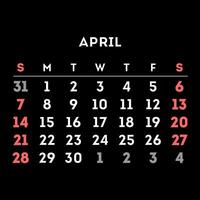 April 2024 month calendar. Vector illustration.