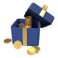 3d aberto presente caixa com dourado moedas e fita. dinheiro prêmio recompensa. ganhar ponto e pegue recompensas. 3d Renderização png