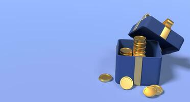 3D open gift box with golden coins and ribbon. Money prize reward. Earn point and get rewards. 3D rendering photo