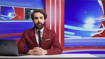 News anchor discuss latest events live on tv program, creating broadcast reportage with daily issues and headlines. Man journalist presenting breaking news on television, newsroom. photo