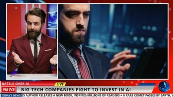 Latest news about businesses adopting AI technology for company and profit development, experts trying to invest in artificial intelligence. Media presenter covers IT topic in newsroom. photo