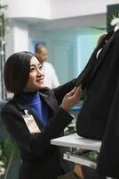 ropa Tienda sonriente asiático mujer vendedor comprobación hembra chaqueta ajuste en maniquí mientras gerente mercancías. centro comercial boutique empleado ajustando traje mientras organizando vestir para rebaja foto